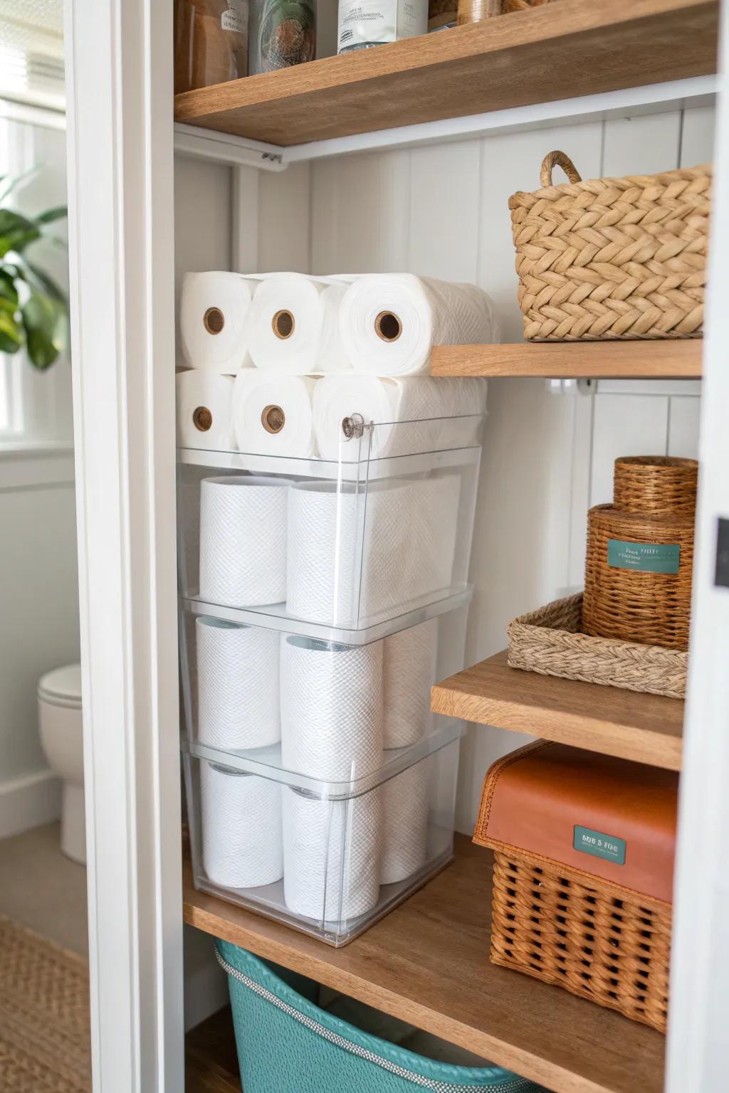 Grow up, not out: clear stackable bins keep paper towels tidy on low shelves.