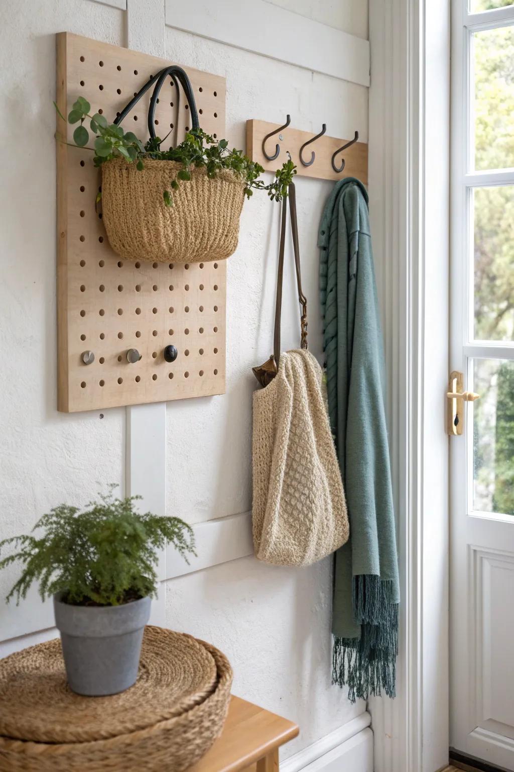 A chic pegboard weather station: umbrella hook + woven basket to keep rainy-day gear tidy.