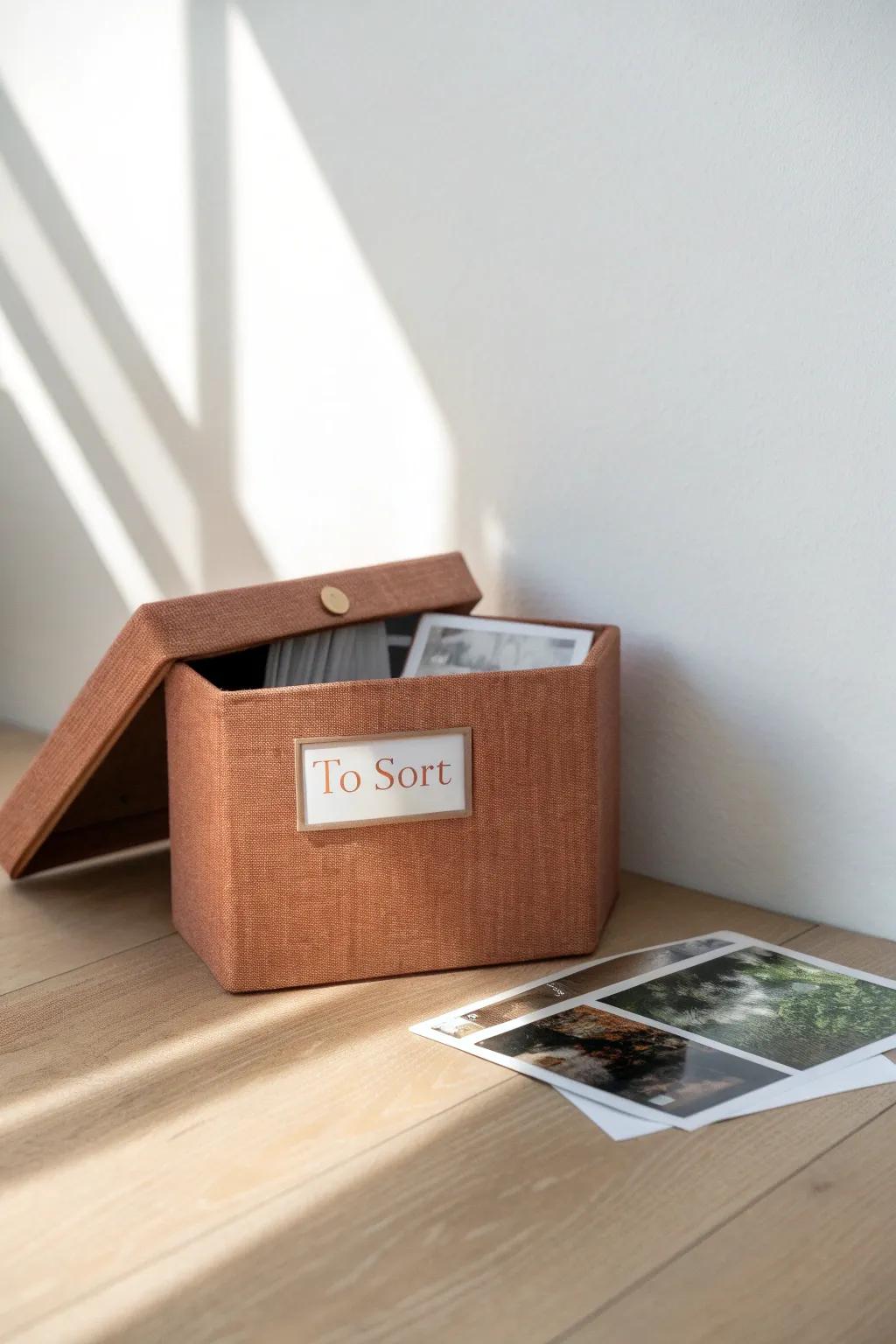 A chic “To Sort” photo inbox keeps new prints from turning into messy countertop piles.