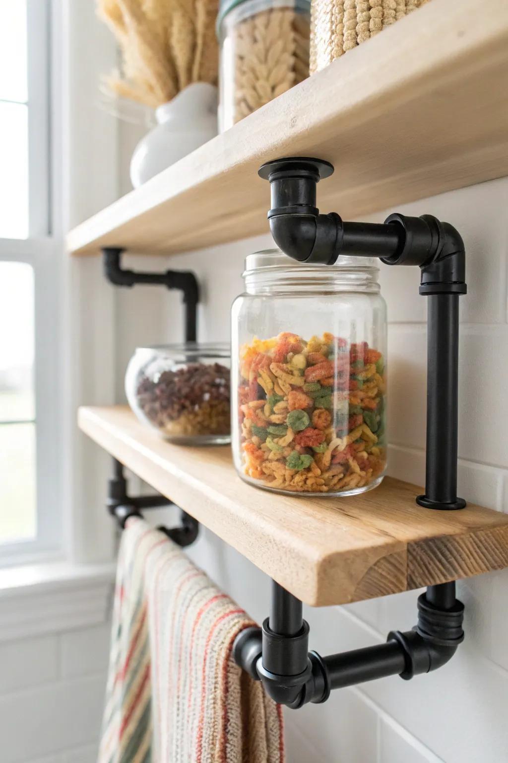 Pantry pipe shelf sized for jars—minimal, bold, and beautifully organized in a small space.