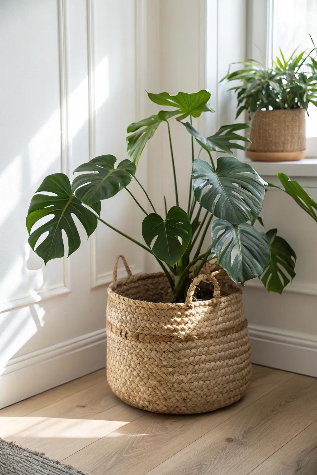 Woven baskets hide nursery pots and add cozy texture—an instant plant corner upgrade.