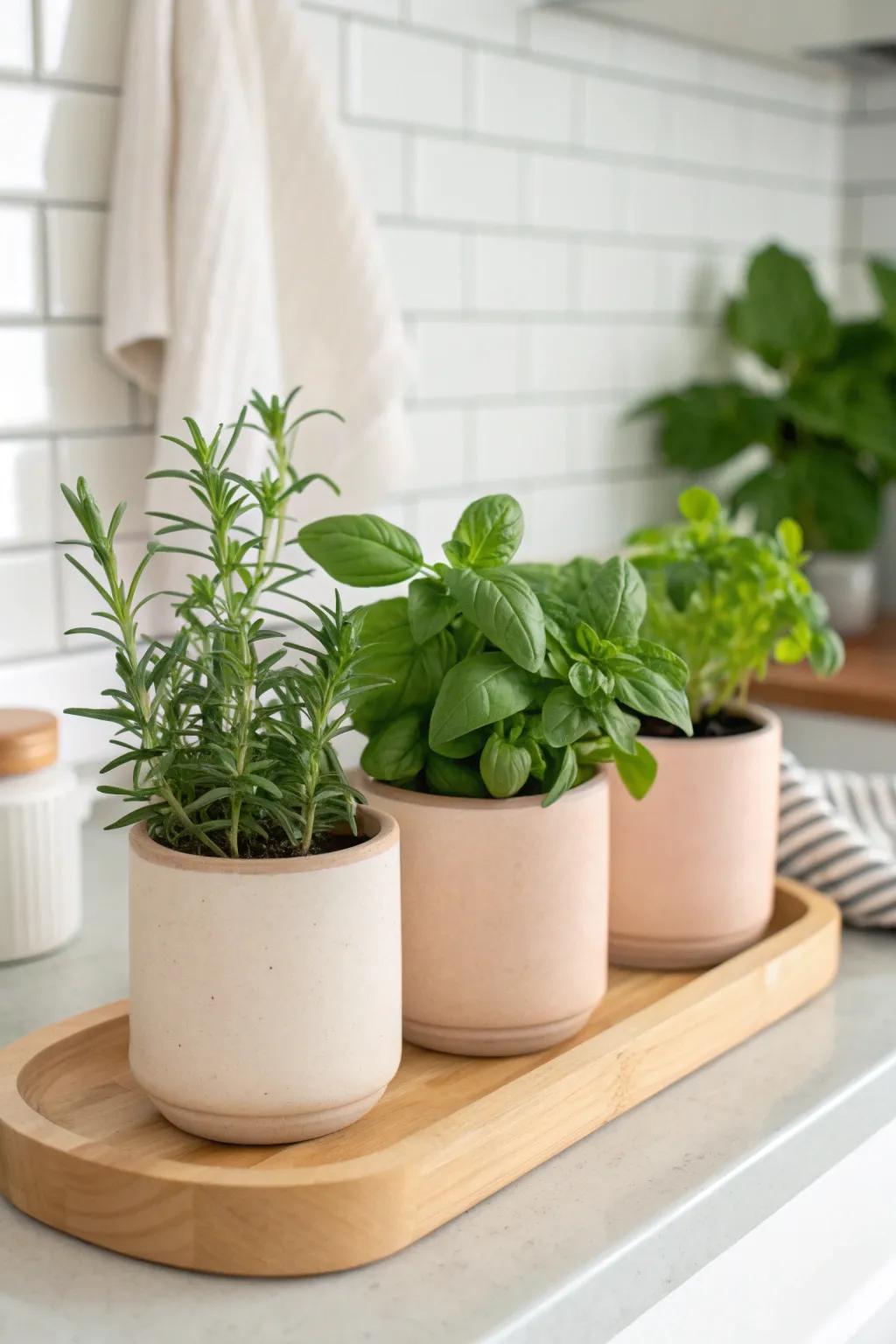 A calming kitchen herb cluster in matching pots—pretty, practical, and perfect for small counters.