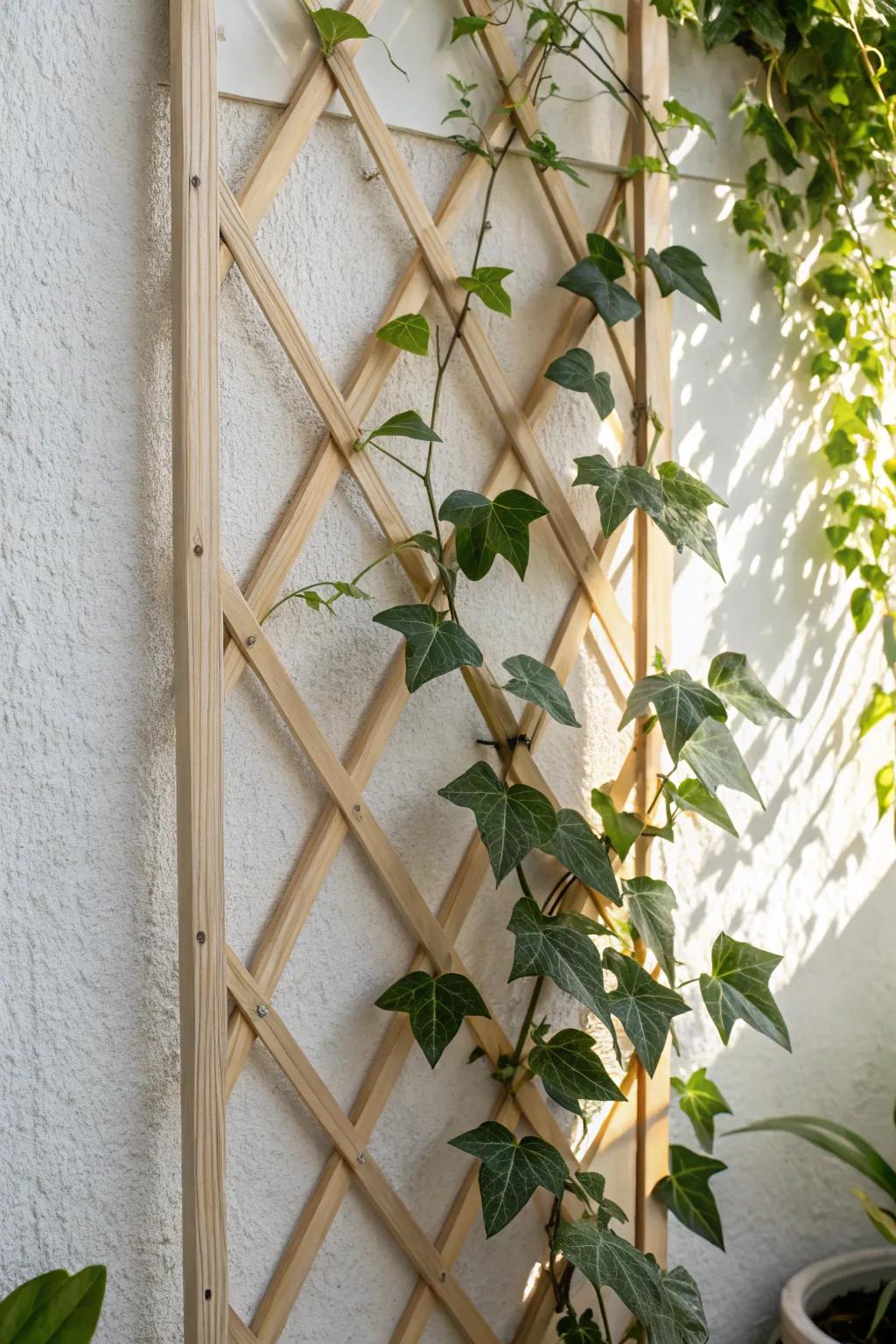 A handcrafted trellis turns climbing vines into living wall art—making small rooms feel taller.