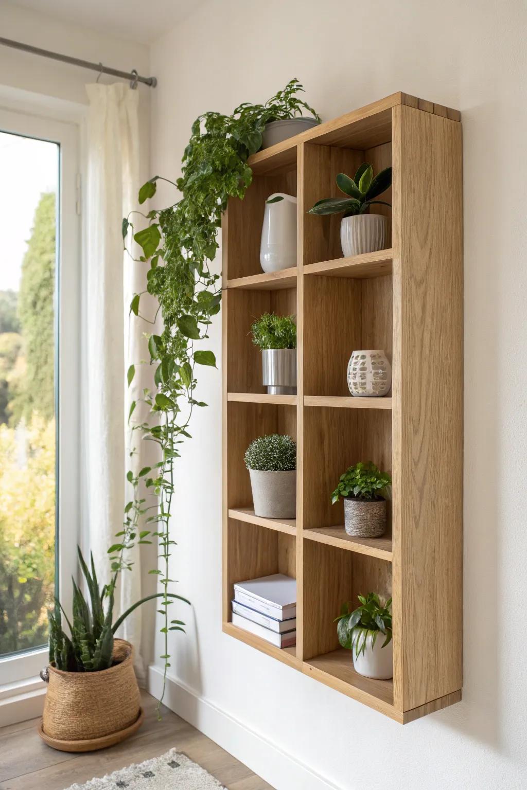 Boxy grid shelf with alternating greenery—clean, bold contrast for a feature wall in small spaces.
