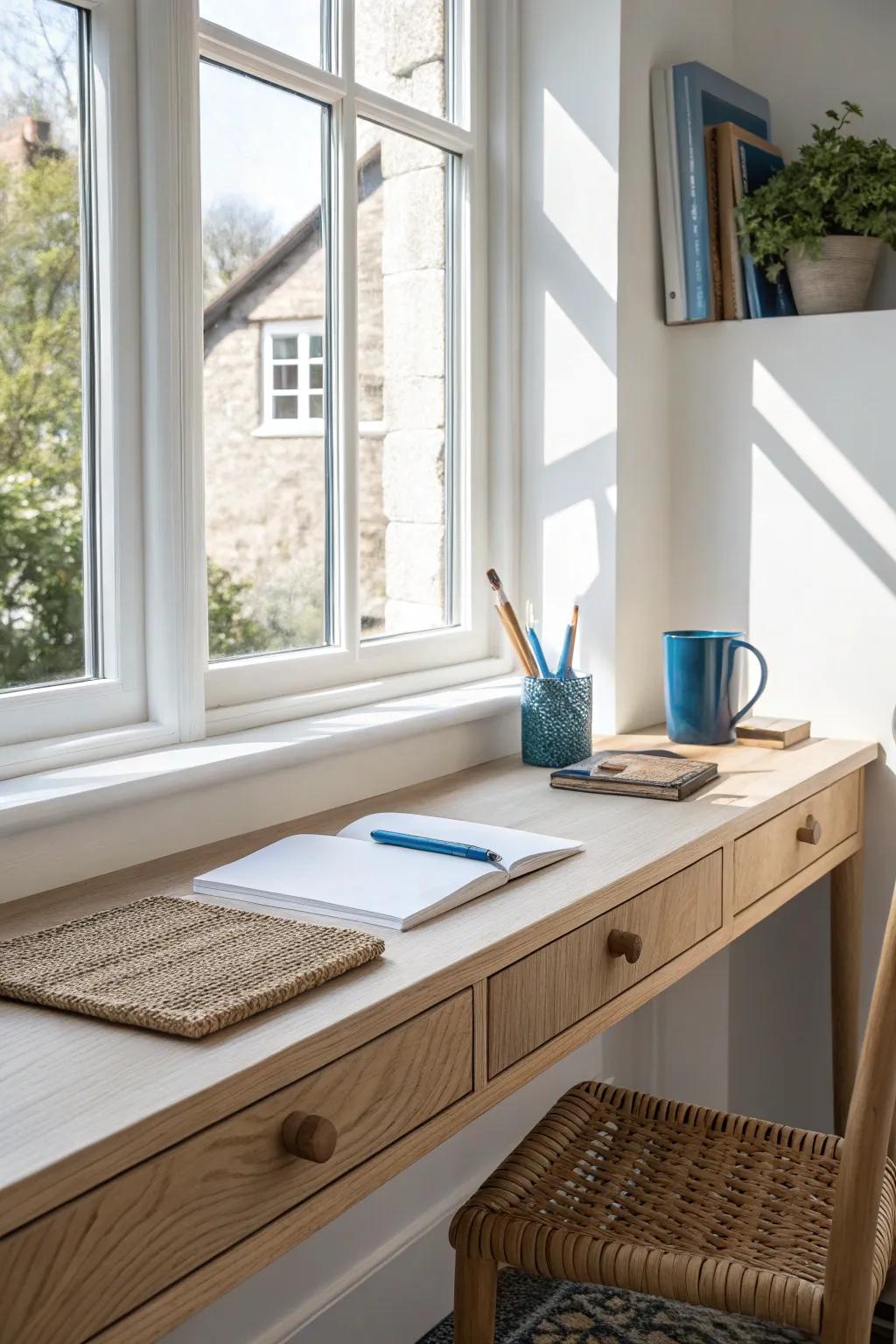 A sunlit window nook desk that turns a deep sill into a bright, beautiful pocket office.