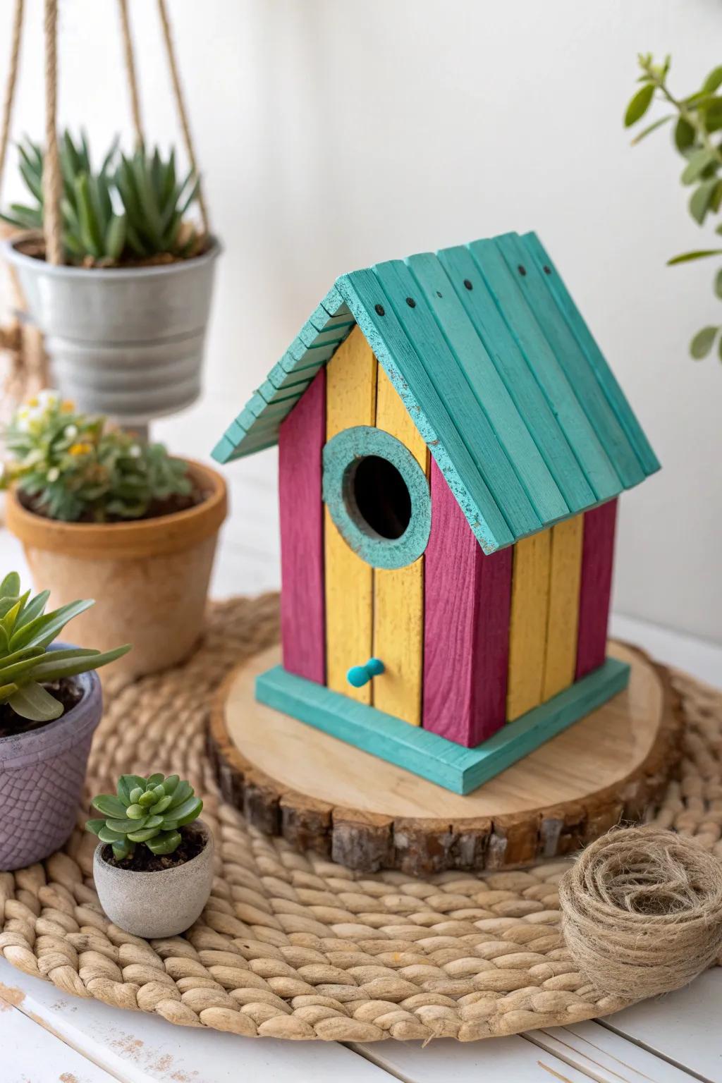 Bring a splash of color and charm to your garden with this handcrafted popsicle stick birdhouse!