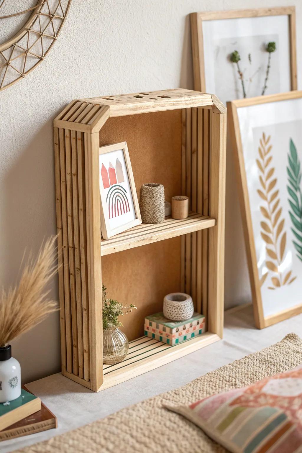 Elevate your decor with a stunning popsicle stick shadow box shelf – the perfect blend of minimalist design and Boho flair.