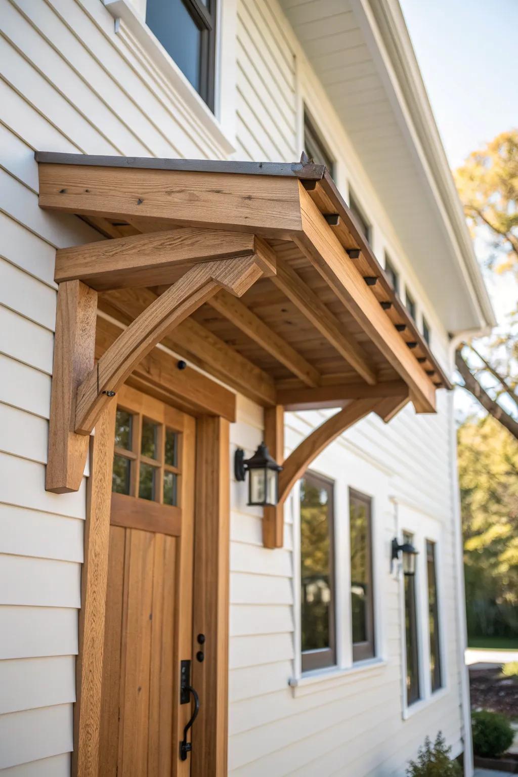 Warm stained wood canopy with clean brackets—an instant cozy upgrade for plain exteriors.