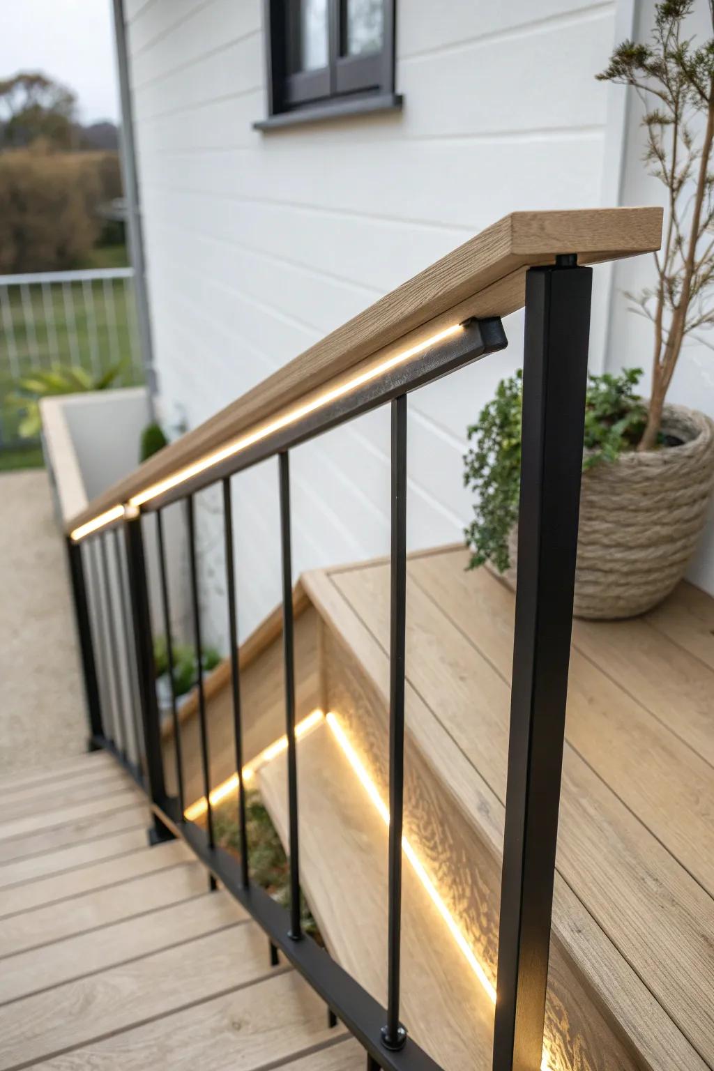Sleek rail lighting adds a warm, clean glow that visually widens even the narrowest porch.