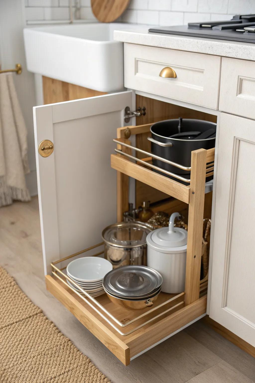 A slim under-sink pull-out keeps small pots and pans tidy without stealing cabinet space.