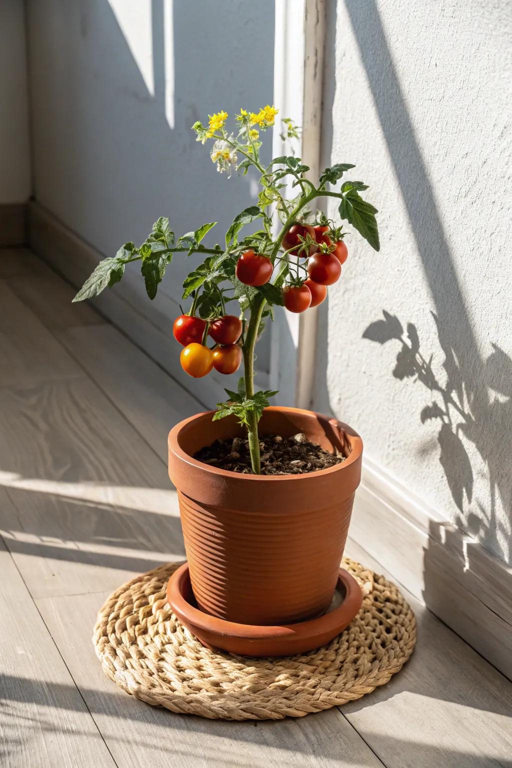Turn a sunny balcony corner into a mini farm stand with one compact tomato pot.