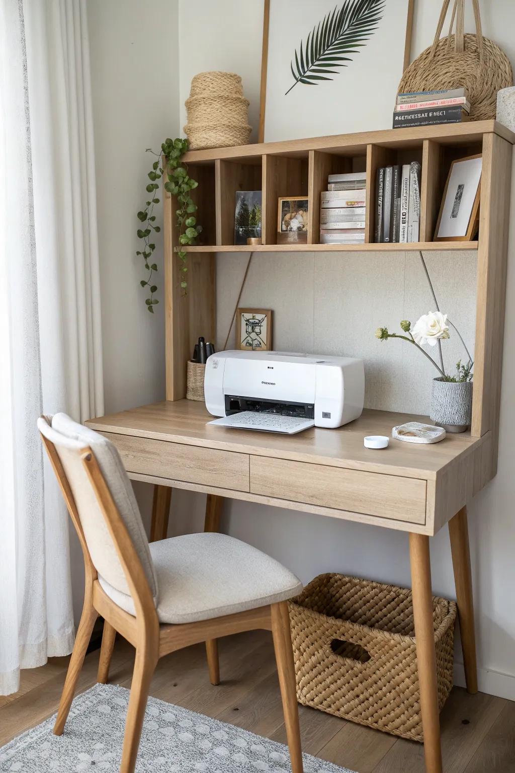 A chic behind-the-chair hutch keeps your printer close, cords hidden, and the desk clutter-free.