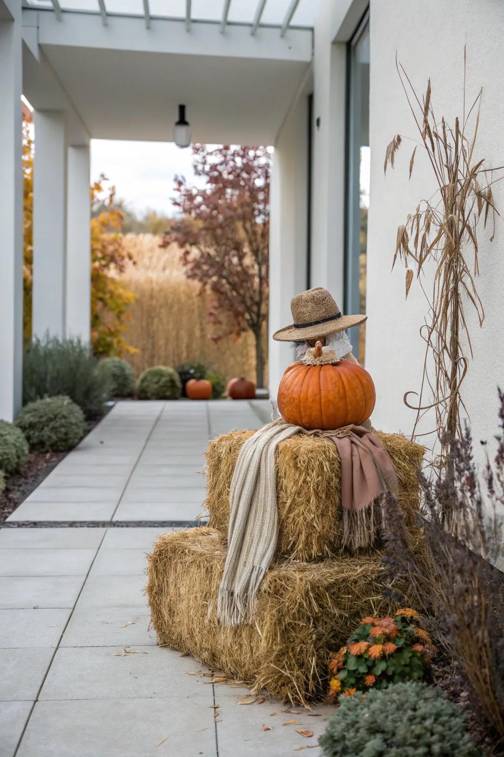 Elevate your fall decor with a minimalist pumpkin scarecrow on a hay bale base—where simplicity meets seasonal charm.