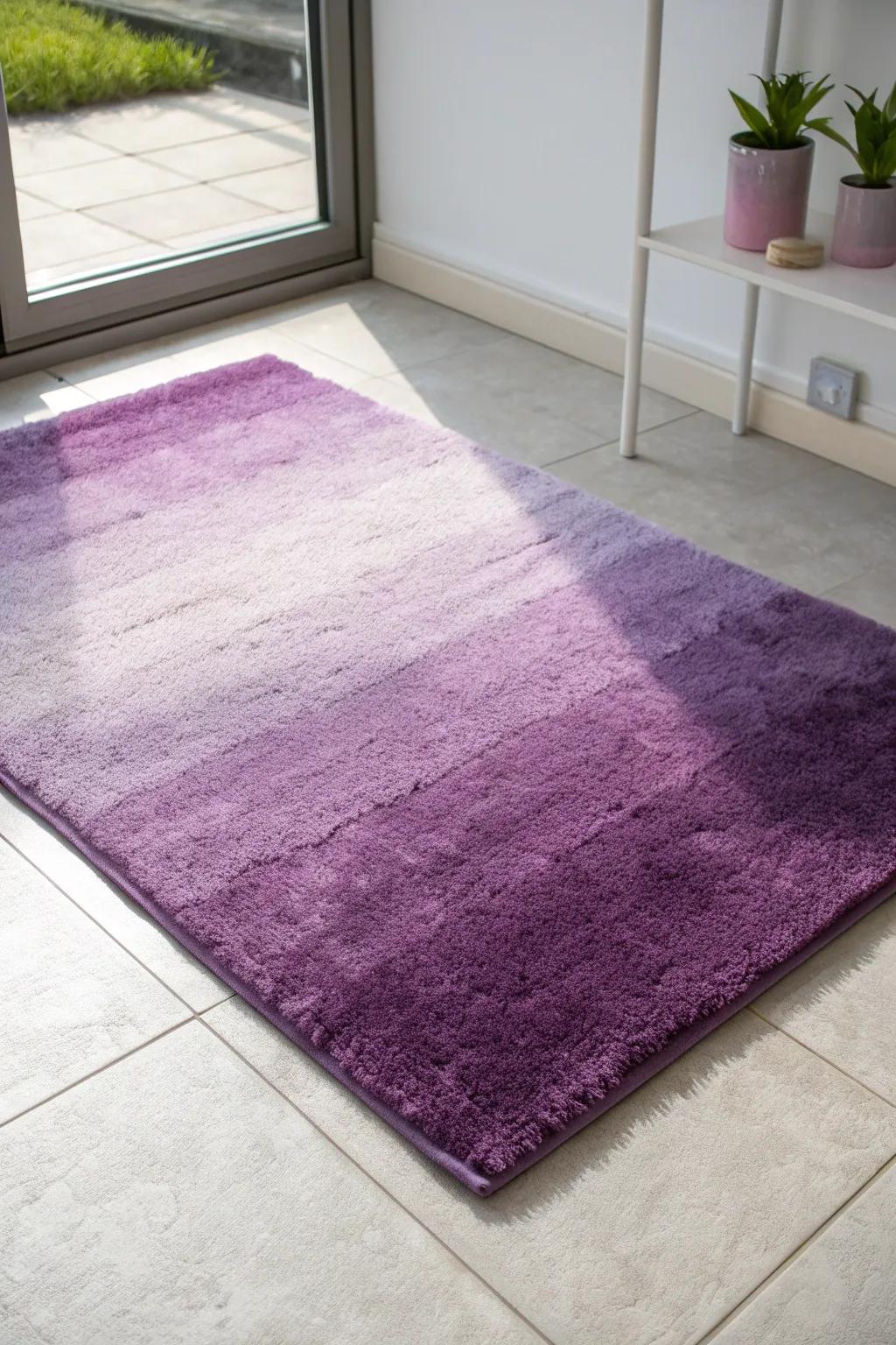 A plush purple rug instantly warms bland dorm tile—soft underfoot and bold in style.