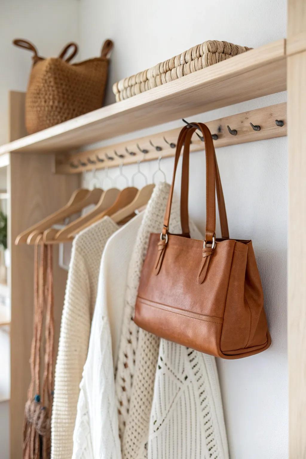 A hidden under-shelf hook strip that keeps your everyday purse within reach—zero shelf space lost.