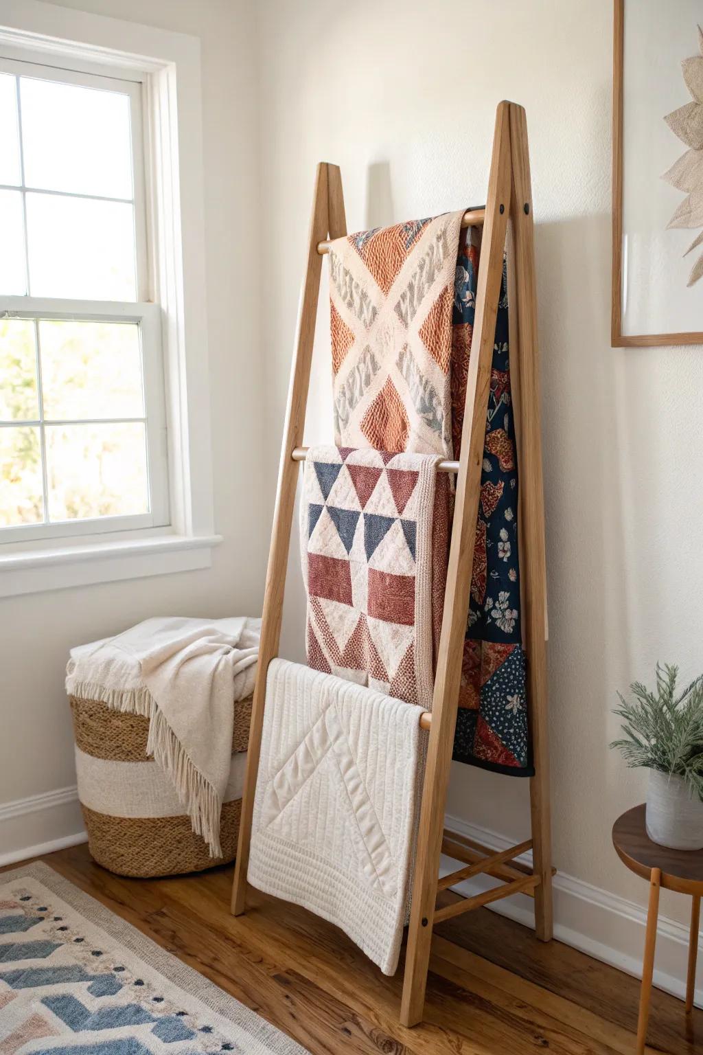 Double-sided quilt rack: twice the hanging space in one sleek, small-space footprint.