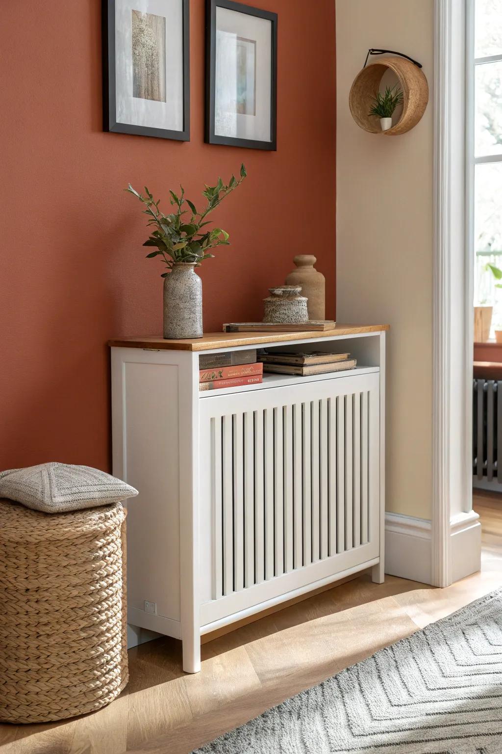 Built-in radiator cover with slim side shelves—vertical storage that feels seamless and chic.