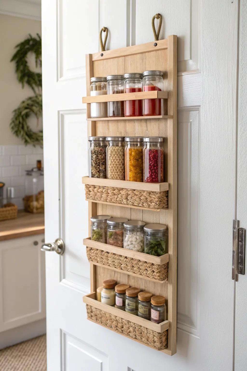 Max out the pantry door: a slim organizer keeps spices and clips in reach and shelves clutter-free.