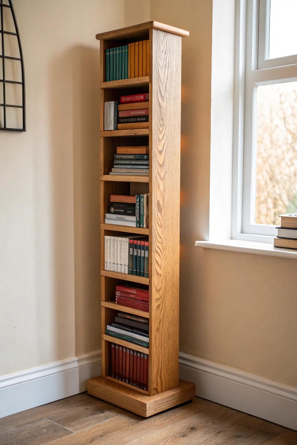 Slim book tower = instant mini library—vertical storage that keeps your reading nook airy.