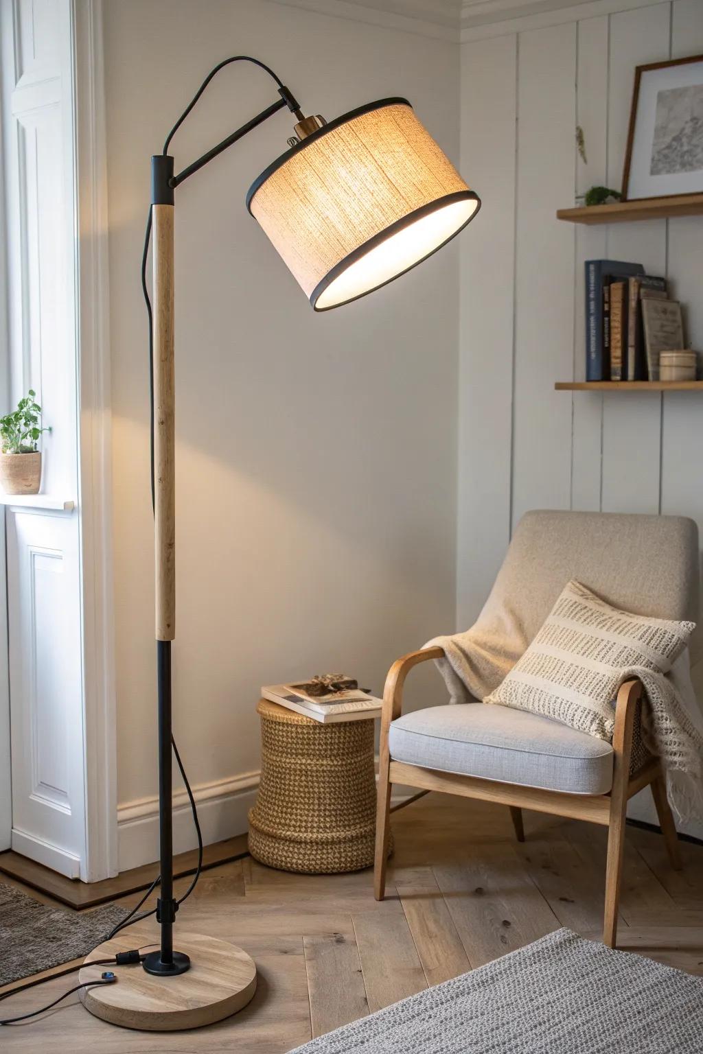 Layered lamp: focused beam for pages + warm ambient glow for a cozy Scandinavian nook.