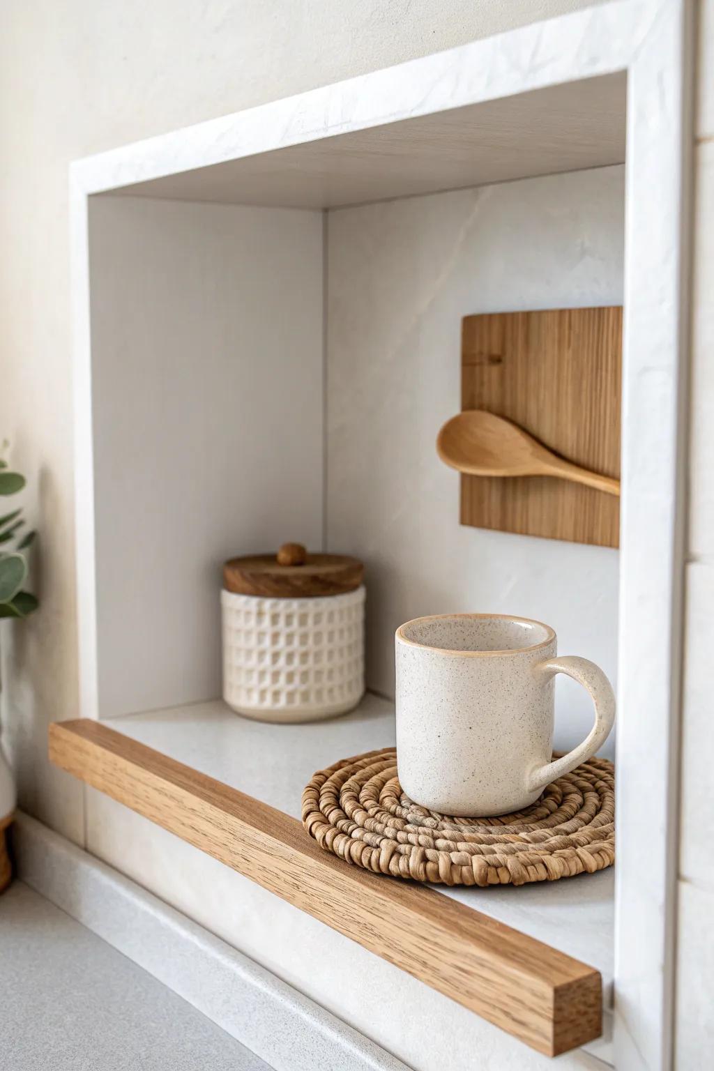 Recessed café-style wall shelf: one beautiful mug, zero clutter, maximum calm.