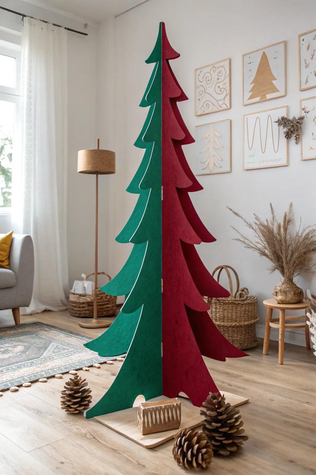 Transform your space with a striking, sustainable cardboard Christmas tree—where bold colors meet minimalist design for the perfect holiday blend.