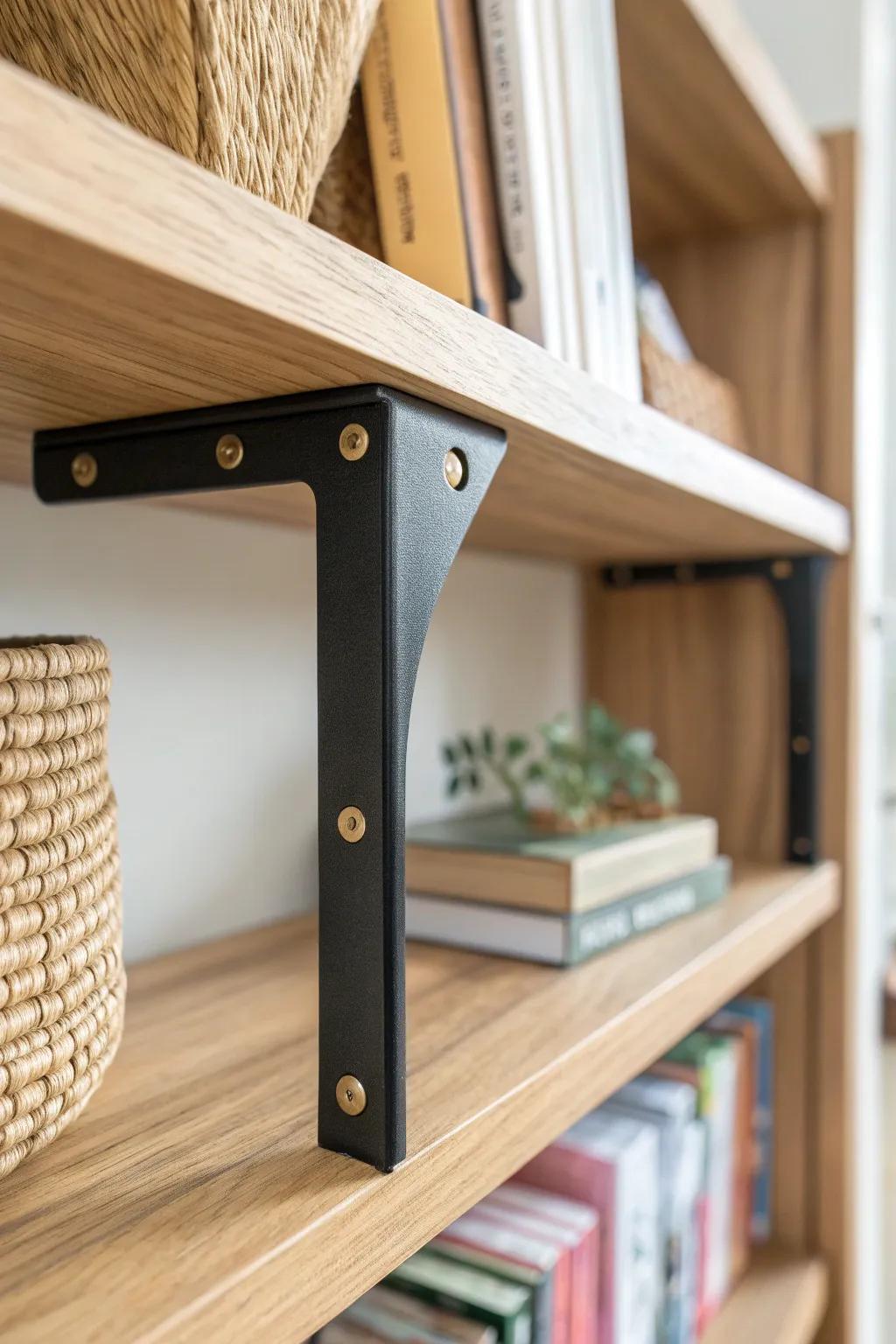 Swap plastic pegs for sleek metal brackets—an instant upgrade that makes any bookshelf look chic.