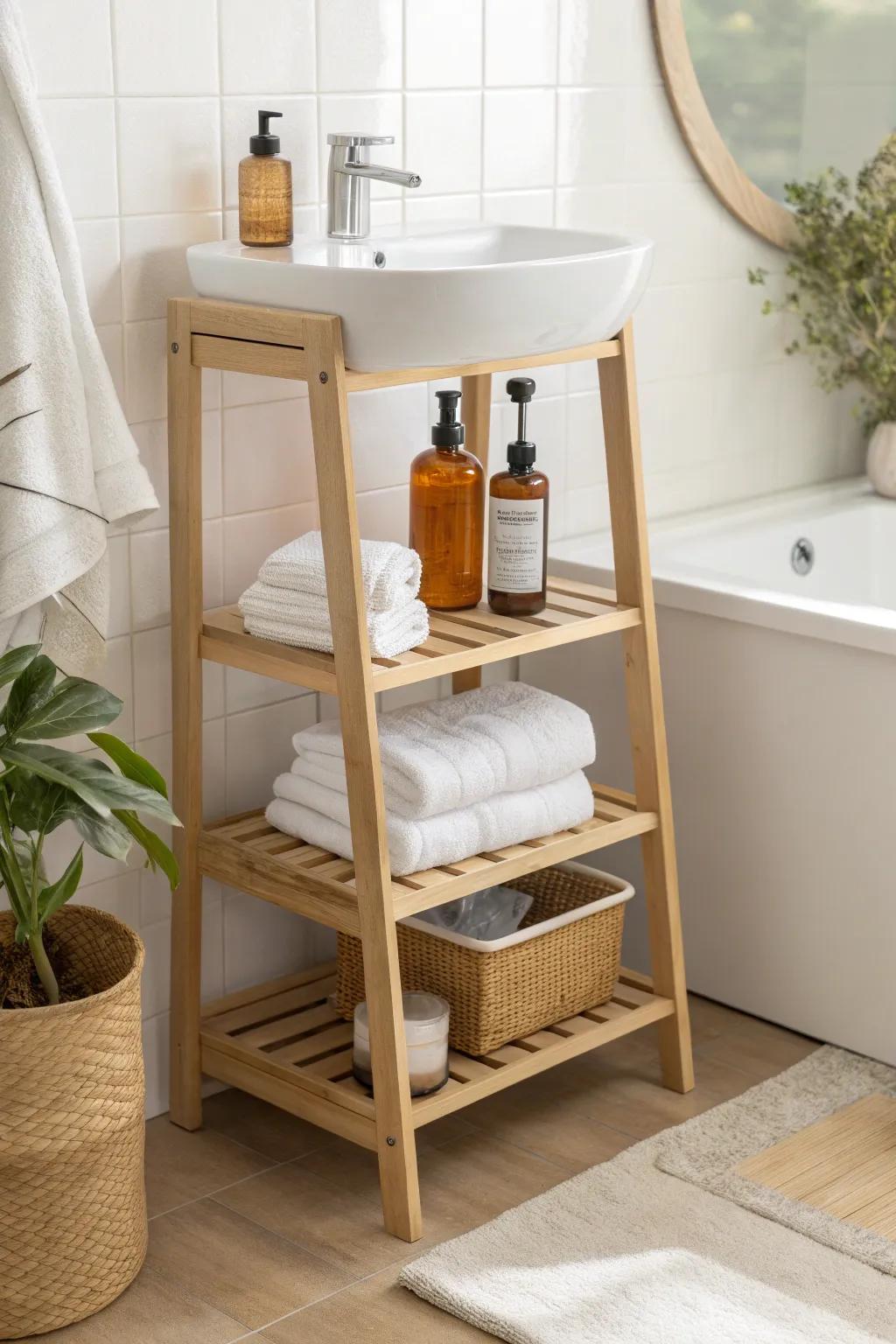 A slim freestanding shelf adds instant storage beside the sink—renter-friendly, no drilling.