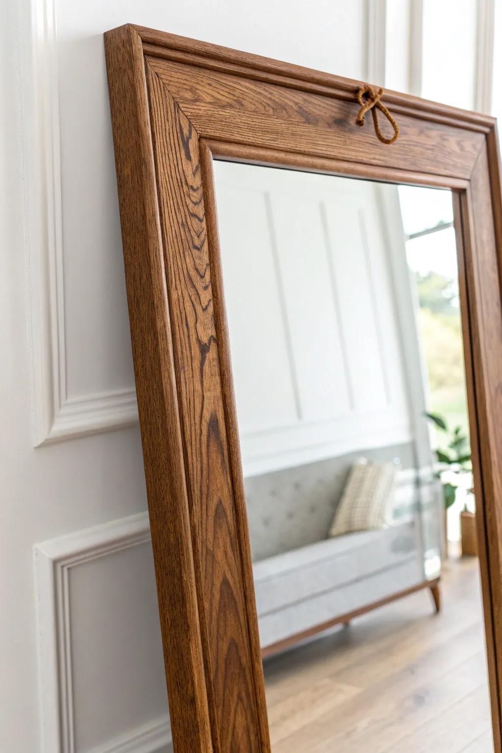 Strip and stain a dresser mirror frame for warm wood tones that elevate small spaces.