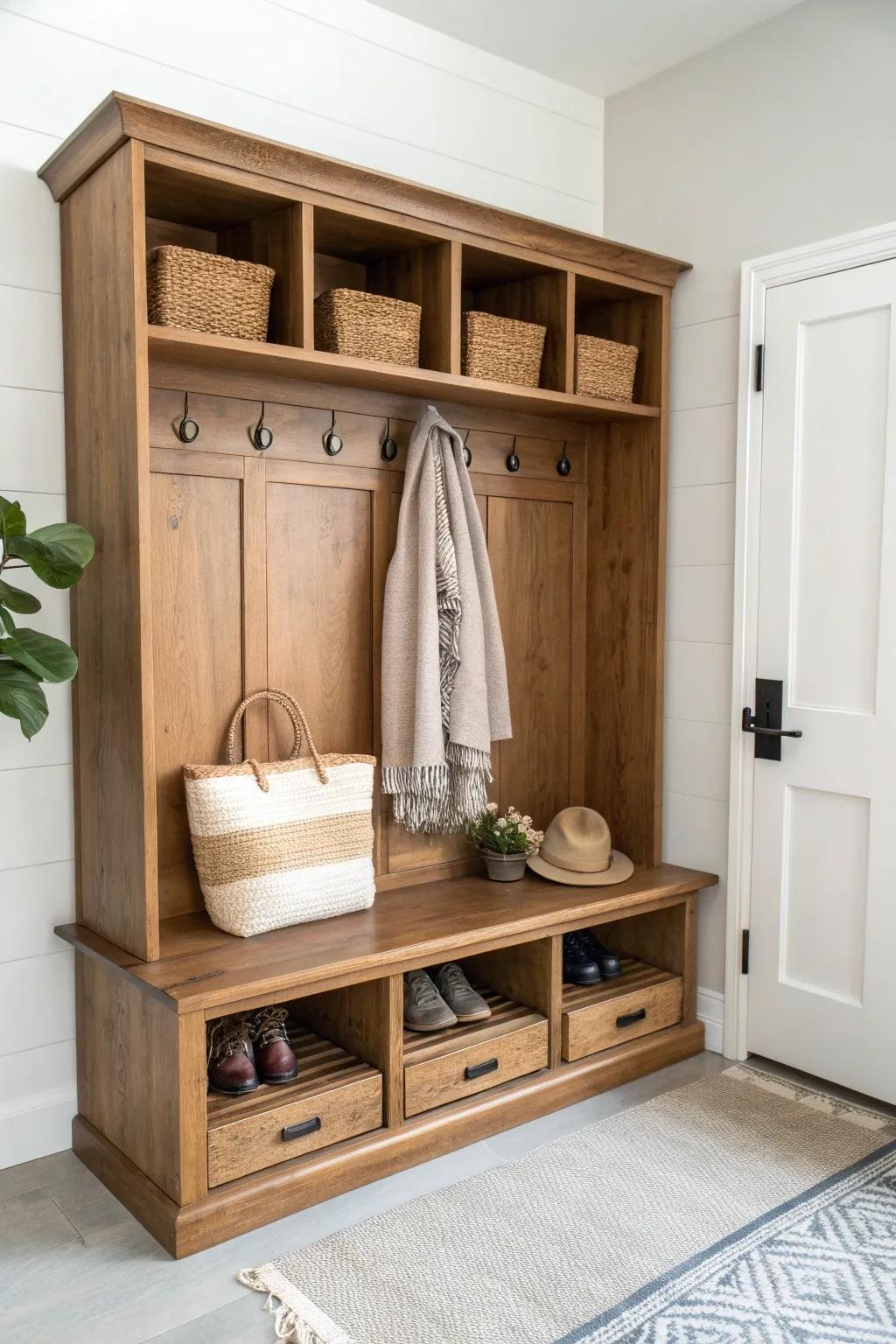 Entertainment center makeover: a slim entryway drop zone with hooks, cabinets, and boho charm.