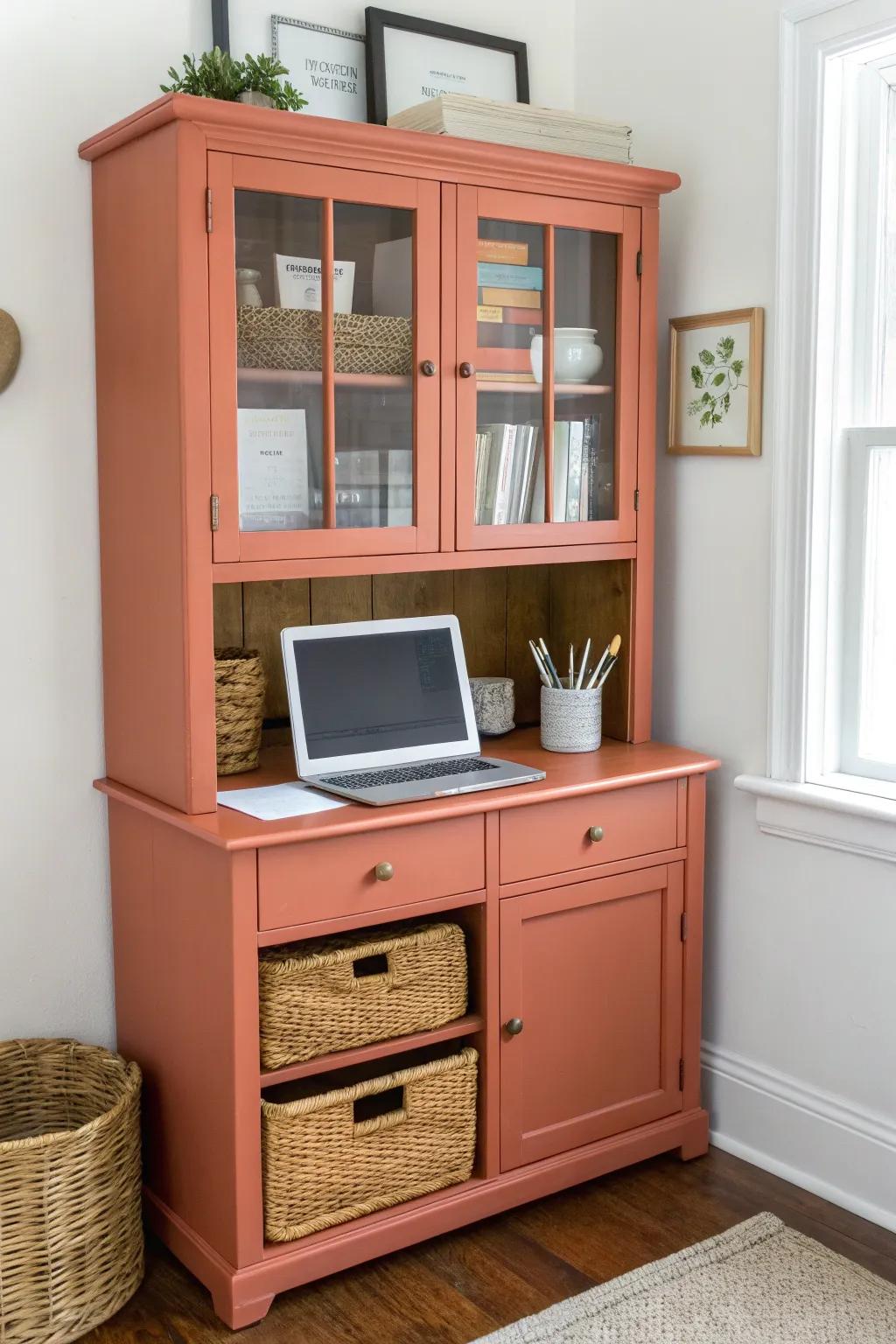 Mini office hutch from a china cabinet—hide paper clutter fast in a tiny studio.