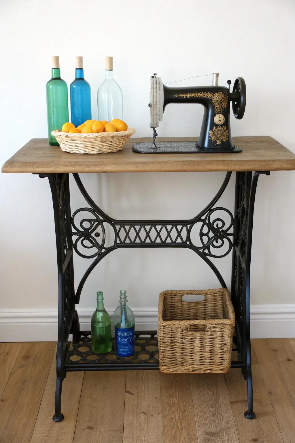 Turn a vintage sewing machine table into a chic mini bar—small-space hosting with style.