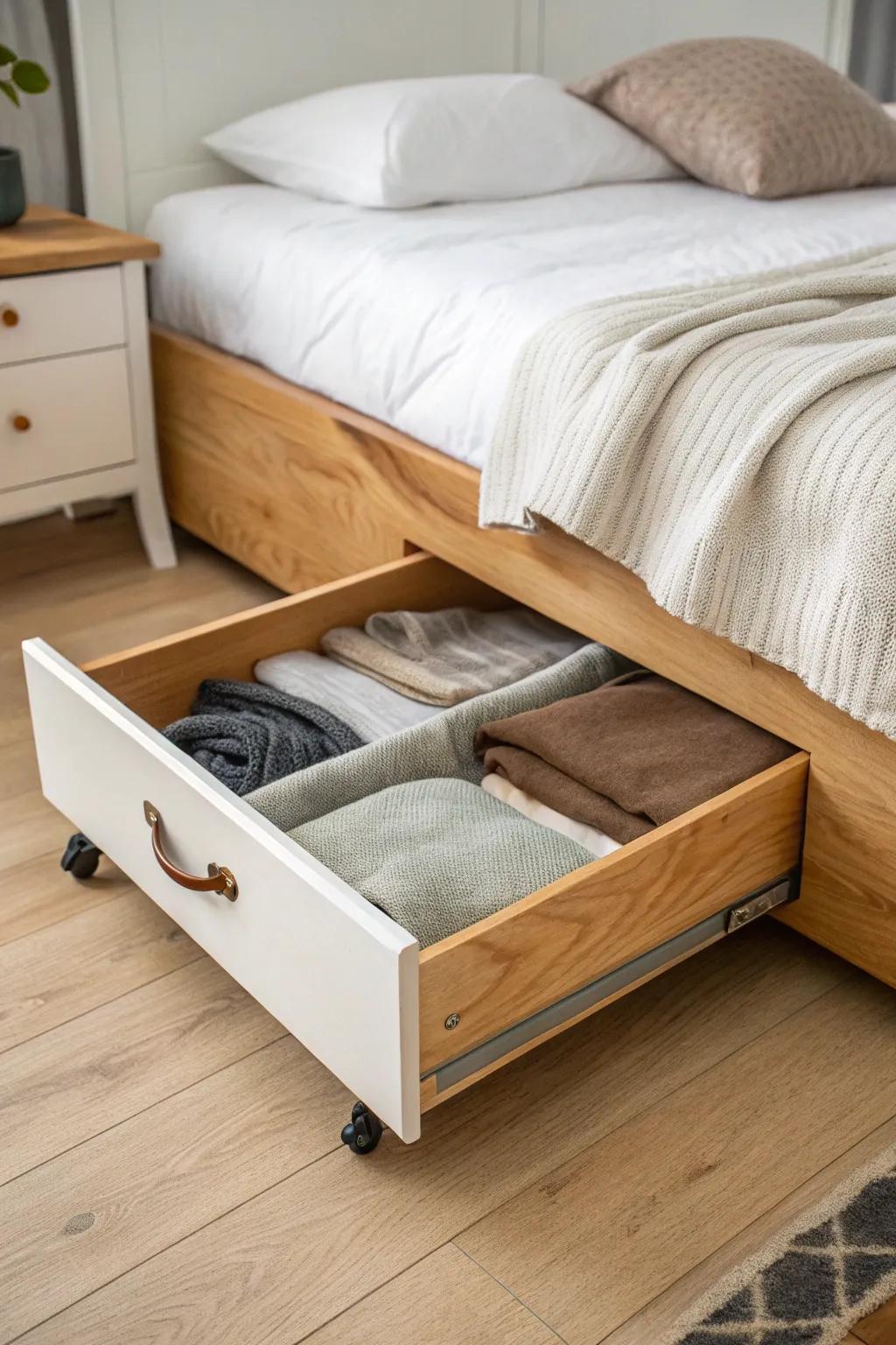 Turn old dresser drawers into chic under-bed storage—rolling “bonus closet space” for small rooms.
