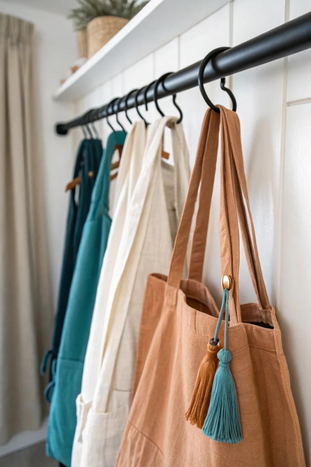 Loop tote handles over a closet rod—instant tidy storage that looks calm and chic.
