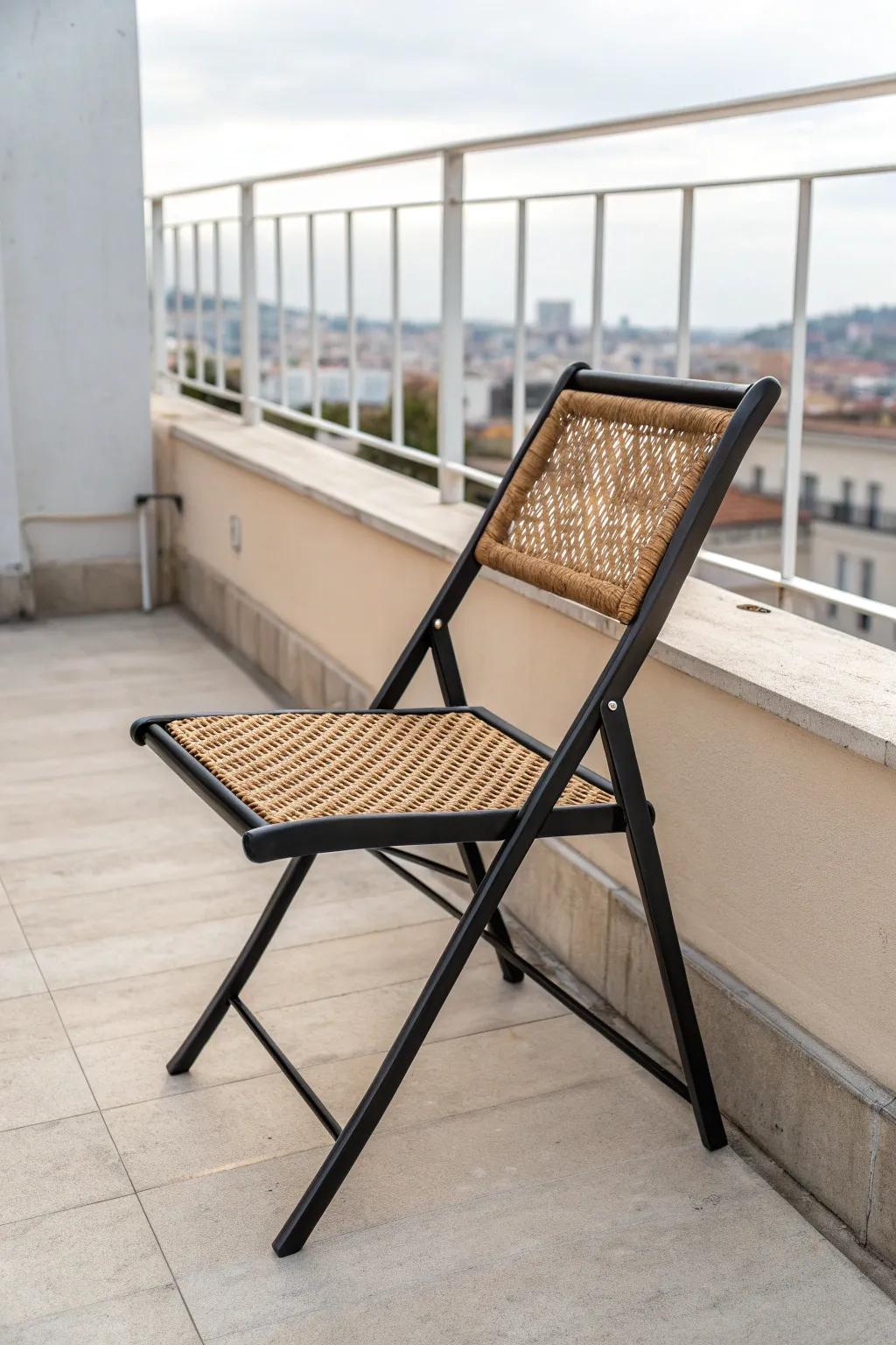 Chic foldable chair = instant rooftop seating—then it slips away behind the sofa in seconds.