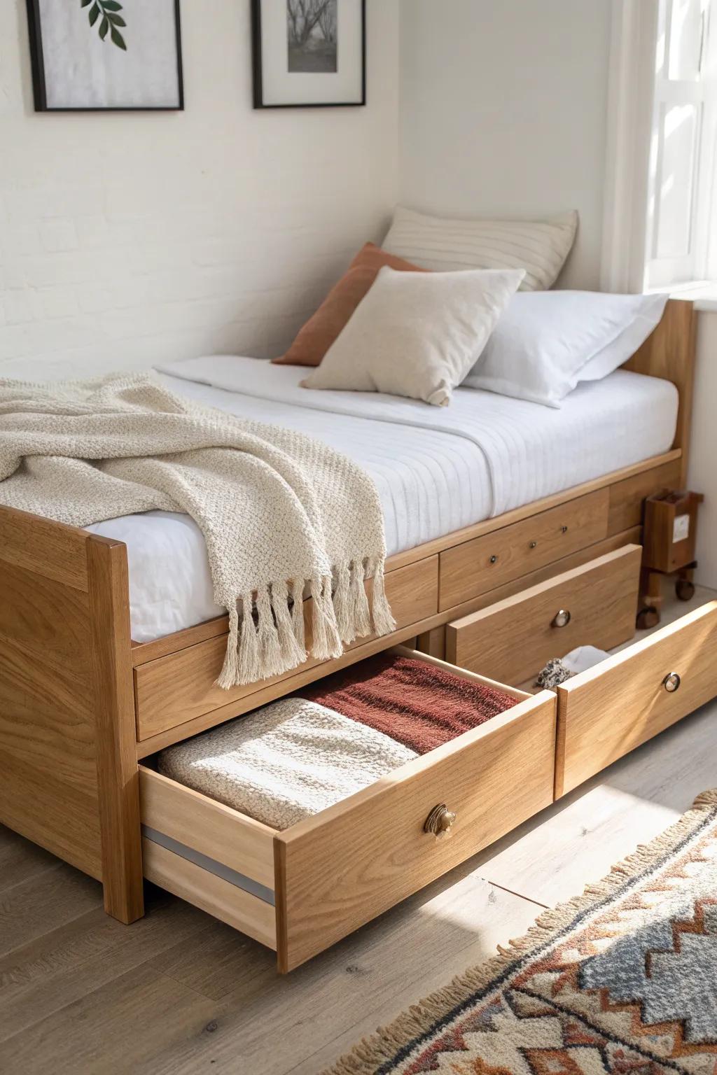 Daybed drawers = a hidden linen stash that replaces a dresser in small spaces.