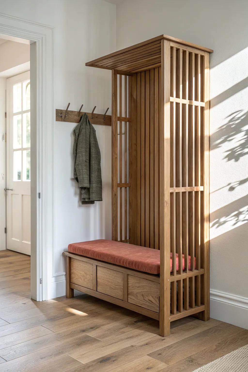 Warm oak slat divider with a built-in bench—tiny entryway, big cozy foyer vibes at home.