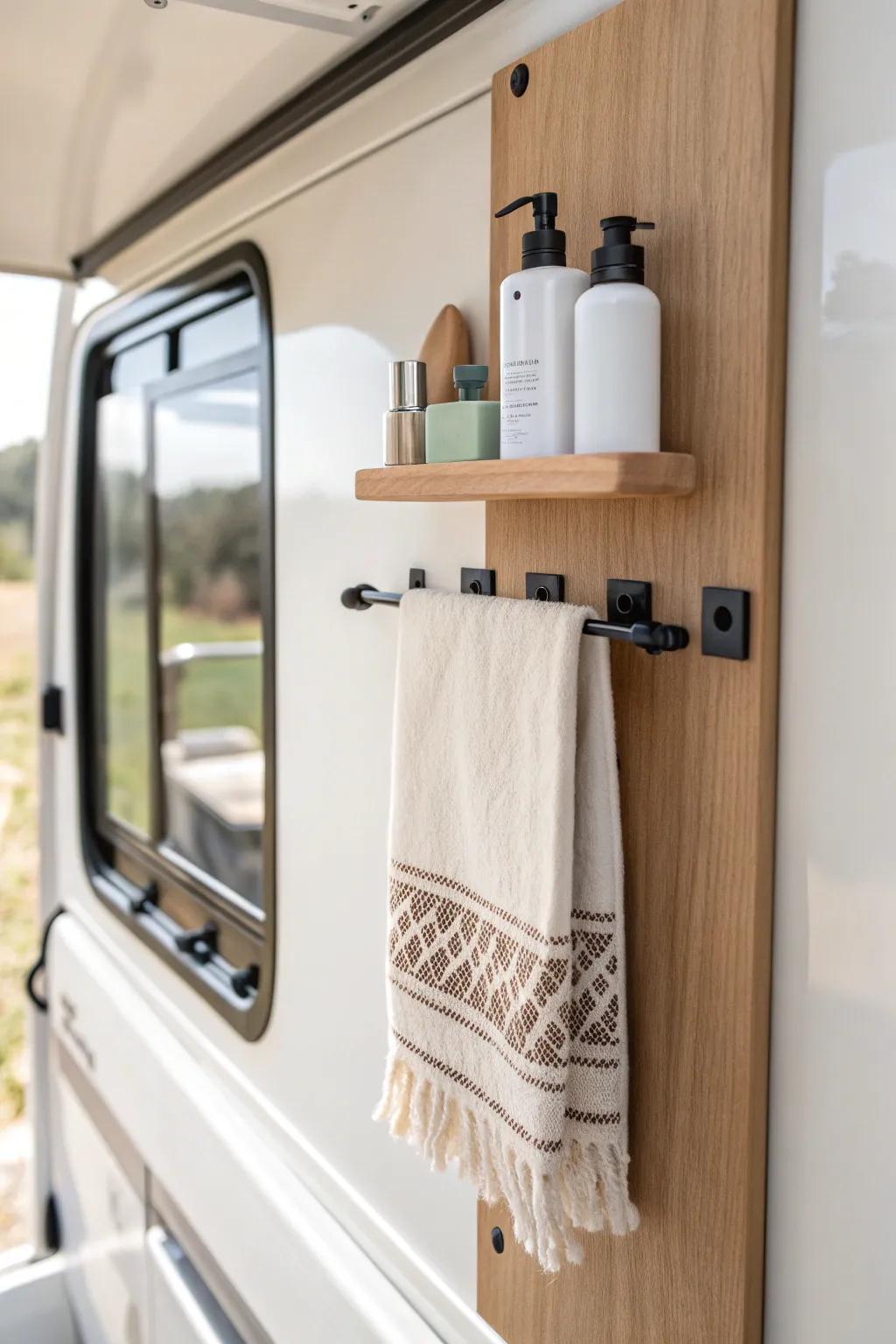 Use the cabinet door: slim rails keep deodorant, sprays & floss tidy in tiny RV baths.