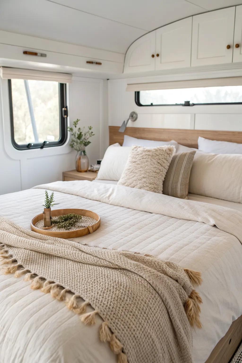 Light, creamy bedding makes a tiny RV bed nook feel brighter, airier, and visually bigger.
