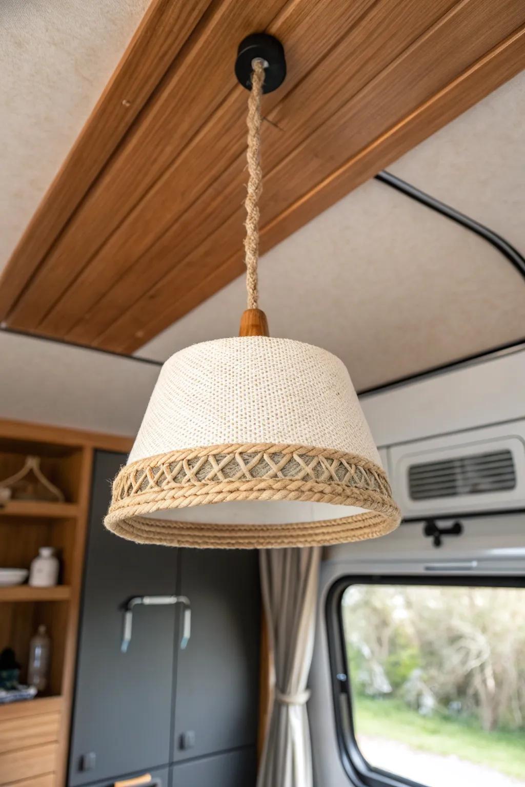 Two-tone RV contrast: warm wood ceiling meets deep charcoal cabinets for designer depth.