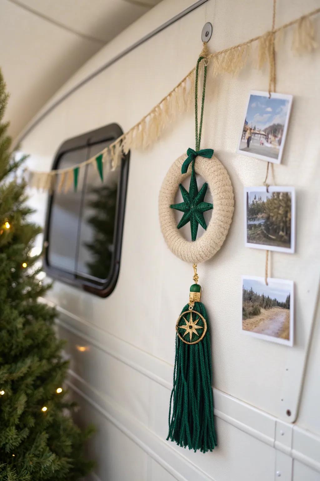 A road-trip ornament line: boho craft meets minimal RV Christmas, zero counter space needed.