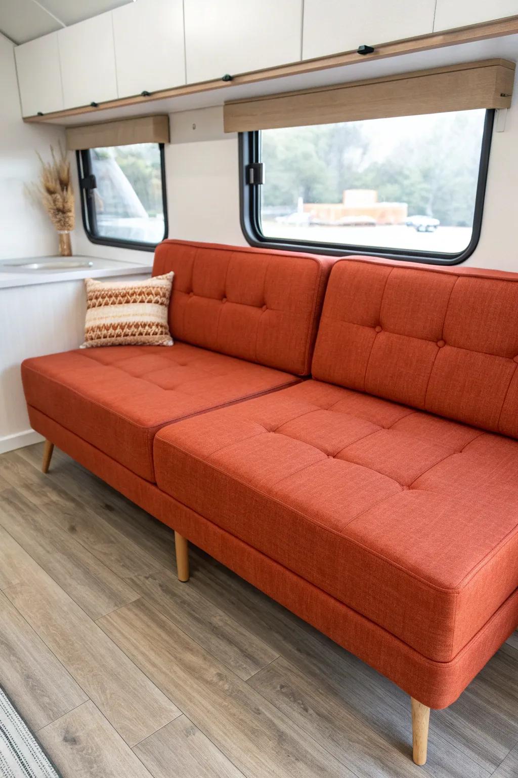 Two-piece modular sofa: full-couch comfort that slips through even the tightest RV door.