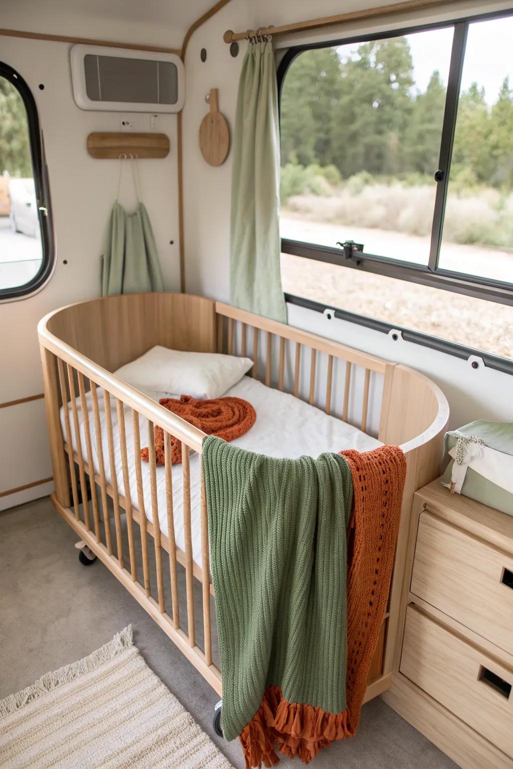 Space-saving bedside sidecar crib setup that keeps your RV nursery calm and clutter-free.