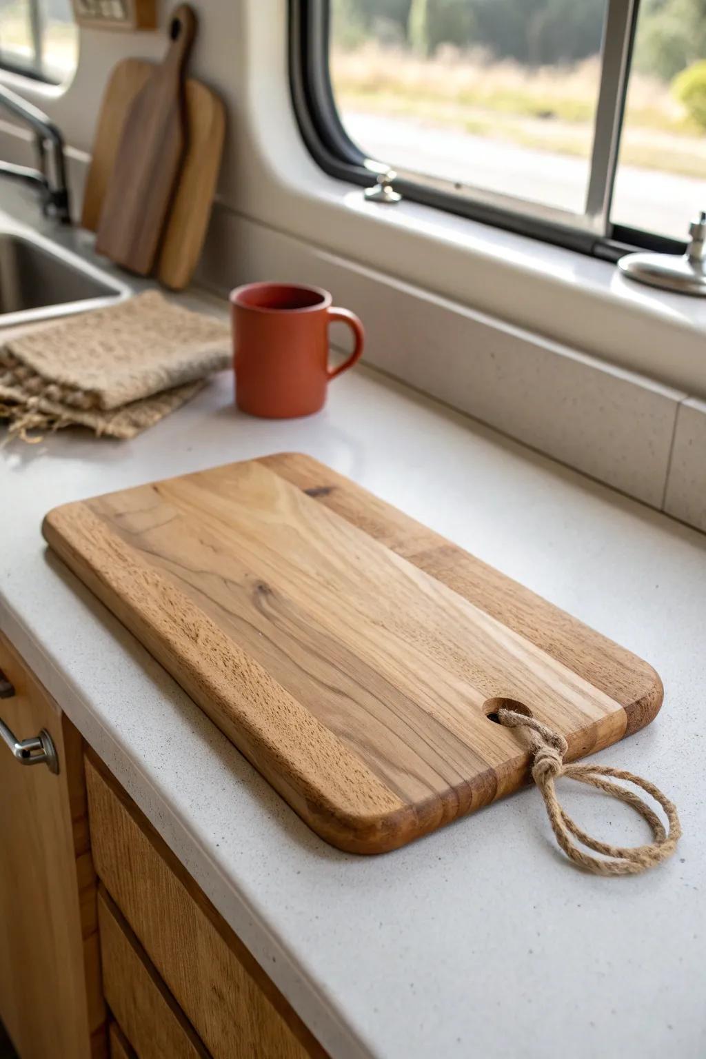A warm wood “parking spot” cutting board instantly upgrades RV counters without replacing them.