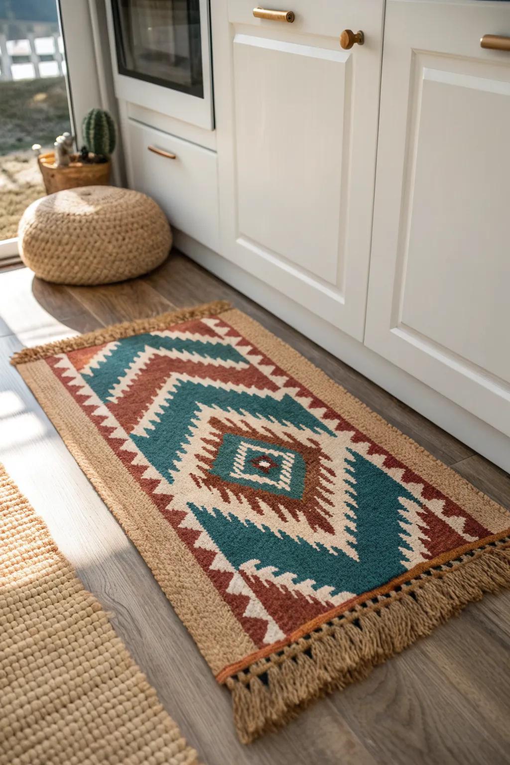 Layered rugs create invisible “walls” in a narrow RV—cozy zones without clutter.