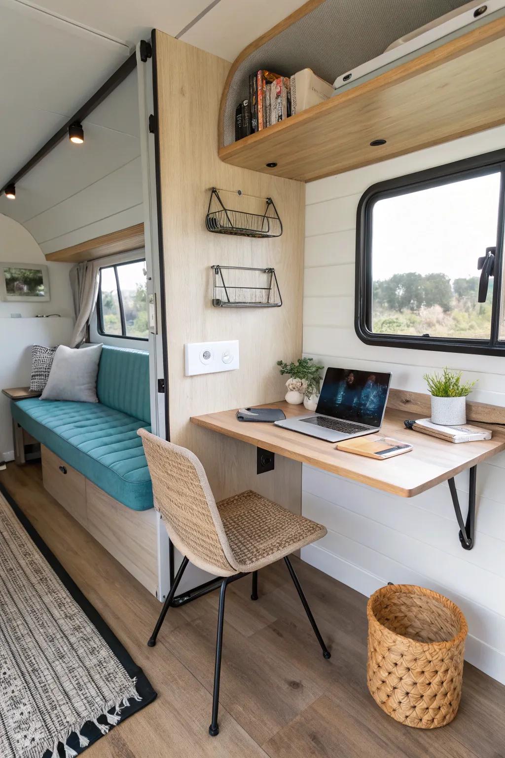 A leg-free floating RV desk that keeps the aisle open—minimal, sturdy, and beautifully crafted.