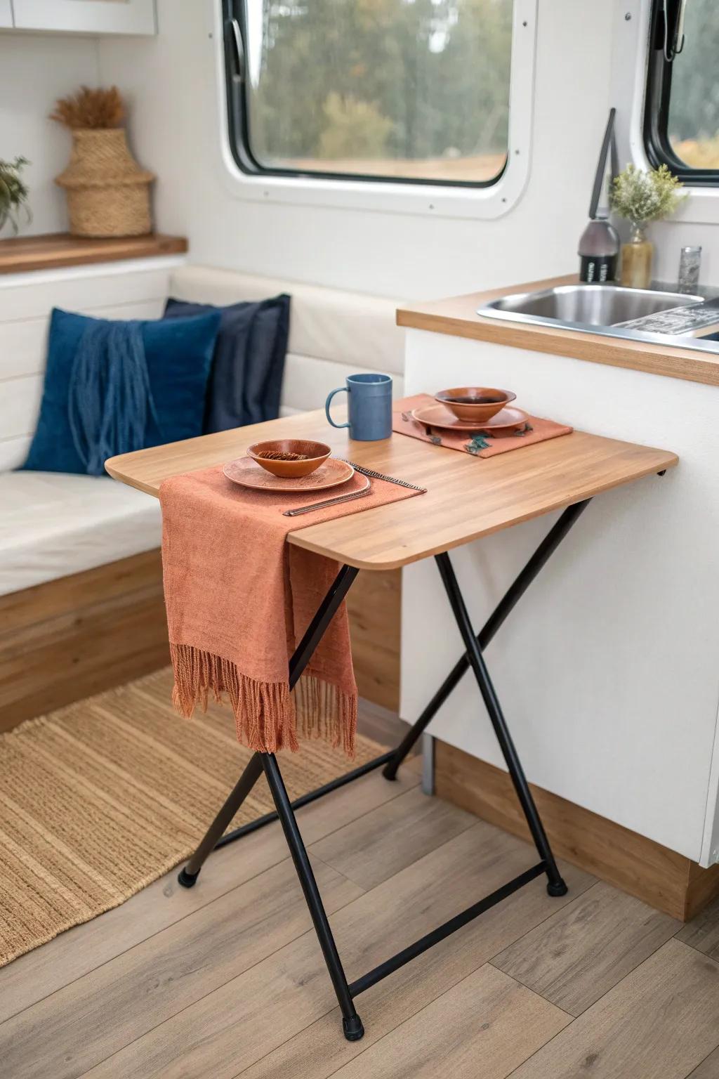 A folding bistro table that tucks away fast—perfect for creating extra RV floor space.
