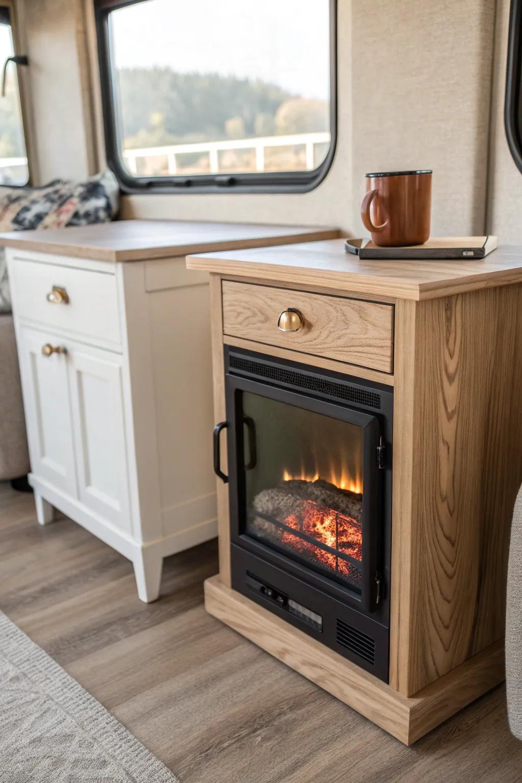 A compact RV fireplace with a pull-out table—warm glow, extra surface, zero clutter.