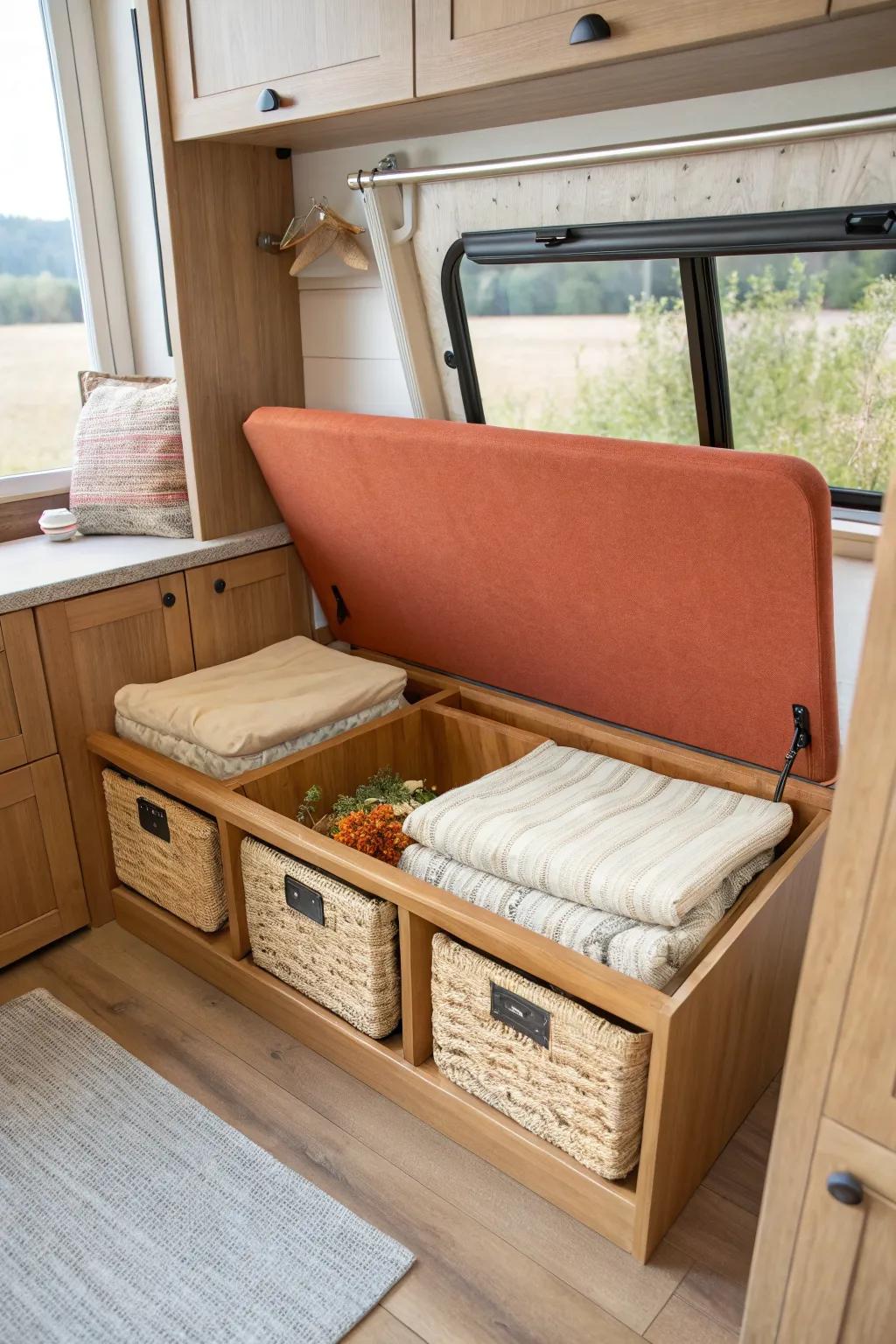 A cozy RV dinette bench with hidden storage—beautiful seating that keeps small spaces tidy.