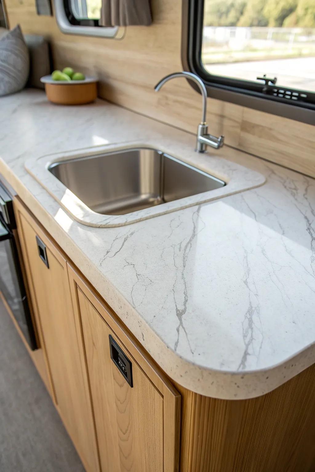 Refresh an RV counter fast—marble-look film creates a modern finish, even around the sink.